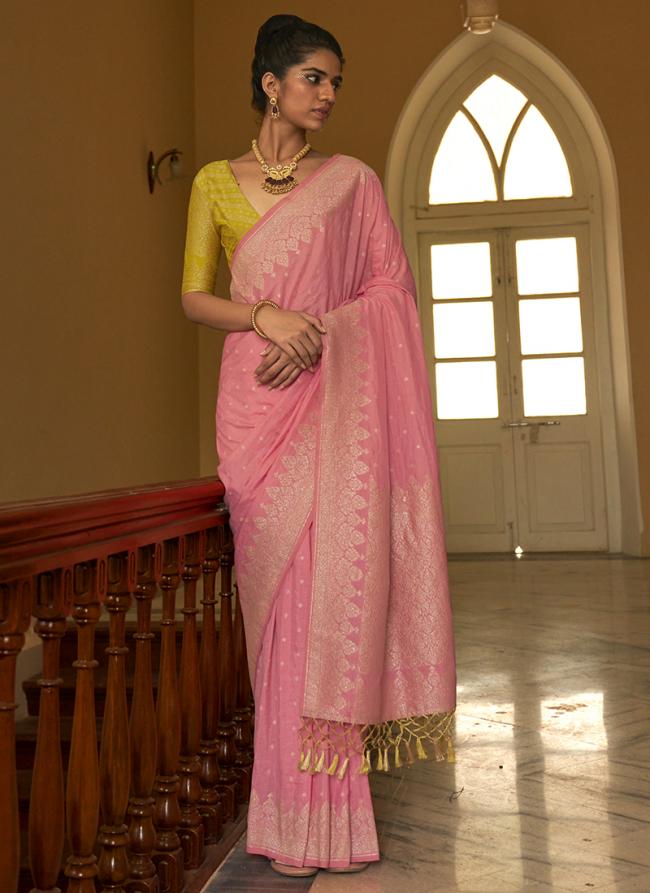 Nylon Crepe Baby Pink Traditional Wear Zari Work Saree